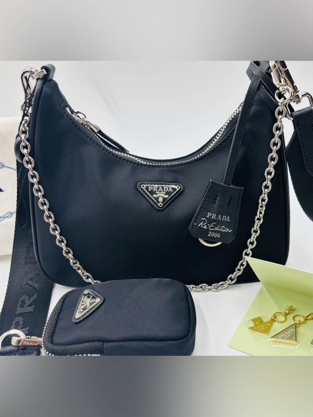 Prada Black Nylon Re-edition Crossbody #175 Lot with New Dust Bag & Accessories